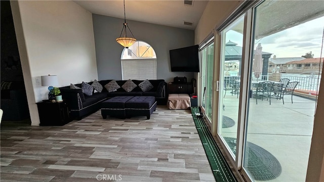 living room with light wood-type flooring and lofted ceiling