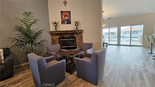 living room with a fireplace and wood-type flooring