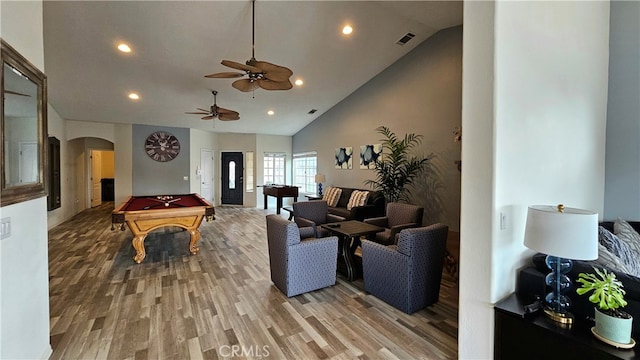 playroom featuring ceiling fan, hardwood / wood-style flooring, billiards, and high vaulted ceiling