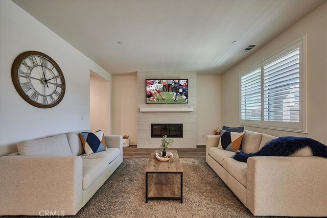 living room featuring a large fireplace and hardwood / wood-style floors