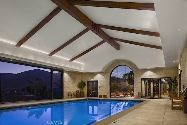 view of pool with a mountain view