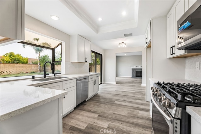 kitchen featuring white cabinetry, light wood-type flooring, stainless steel appliances, sink, and light stone counters