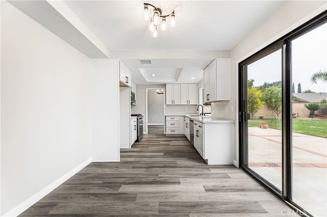 kitchen featuring sink, a tray ceiling, white cabinetry, hardwood / wood-style flooring, and a chandelier