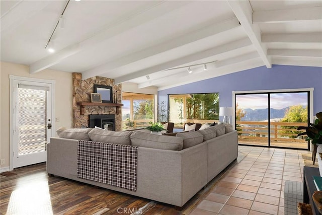 living room featuring hardwood / wood-style floors, vaulted ceiling with beams, and track lighting