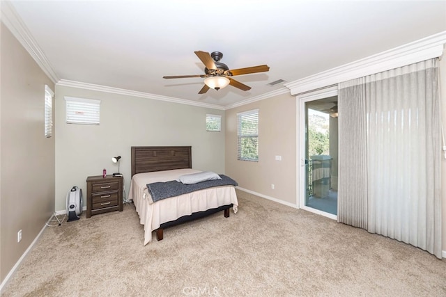 carpeted bedroom with access to exterior, crown molding, and ceiling fan