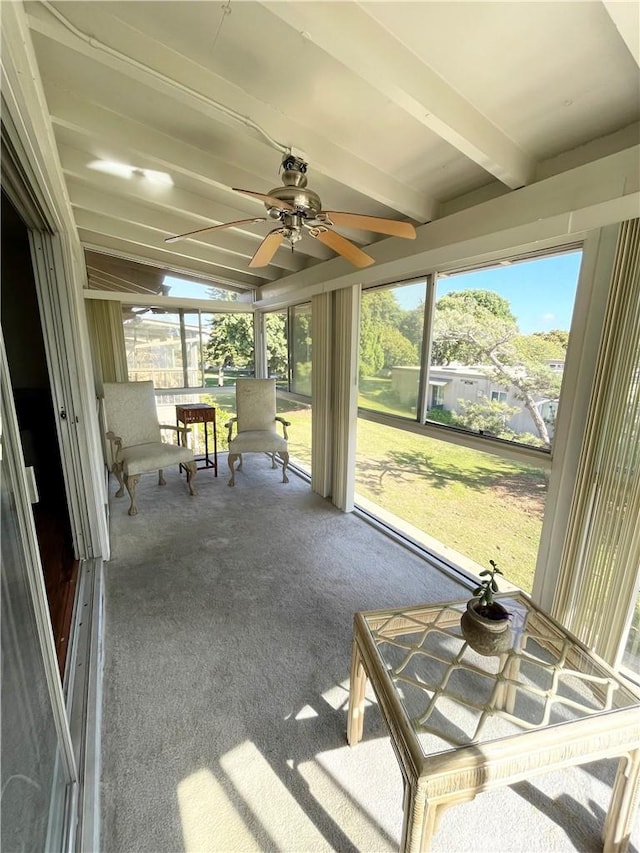 unfurnished sunroom with ceiling fan and beam ceiling