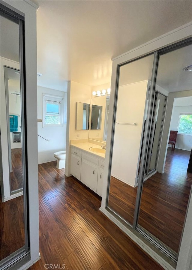 bathroom featuring wood-type flooring, vanity, toilet, and a bidet