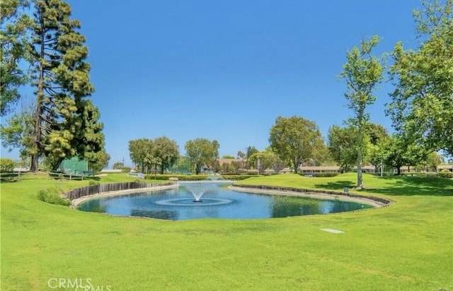 view of community featuring a yard and a water view