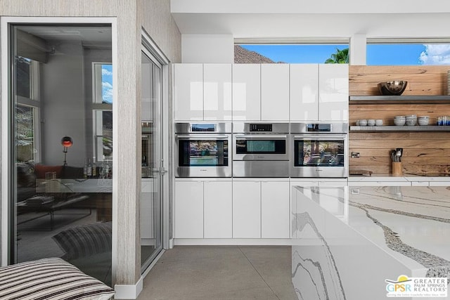 kitchen with light stone counters, a healthy amount of sunlight, and white cabinets