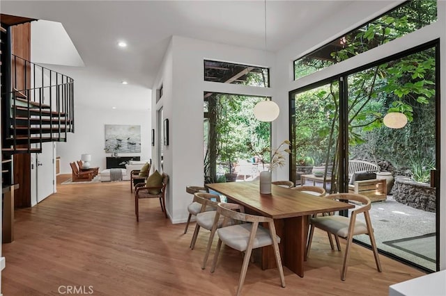 dining room with hardwood / wood-style floors and a high ceiling