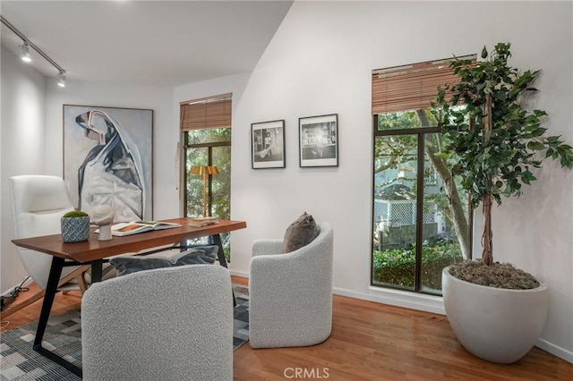 office space with plenty of natural light, track lighting, baseboards, and wood finished floors