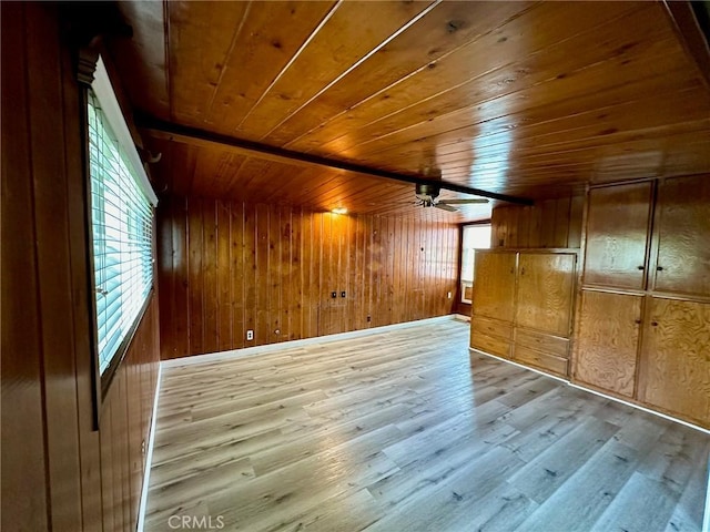 bonus room with plenty of natural light, wood walls, and light hardwood / wood-style flooring