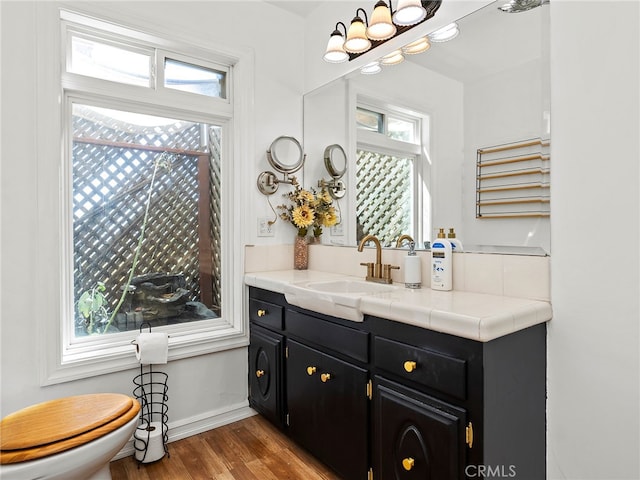 bathroom featuring vanity, toilet, and hardwood / wood-style floors