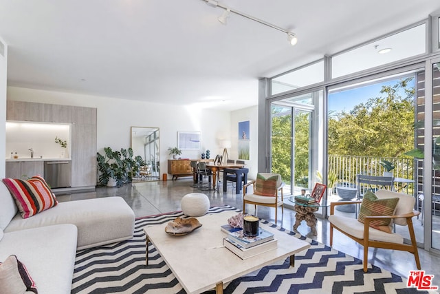 living room featuring floor to ceiling windows, sink, and concrete flooring