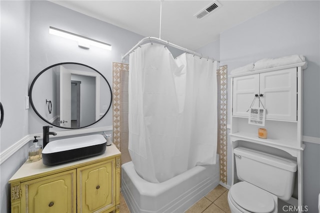 full bathroom featuring tile patterned flooring, vanity, shower / bath combination with curtain, and toilet