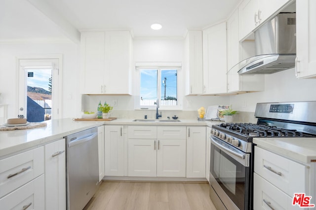 kitchen featuring appliances with stainless steel finishes, light hardwood / wood-style floors, white cabinetry, and sink