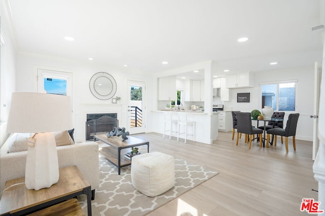 living room with crown molding, a healthy amount of sunlight, and light wood-type flooring