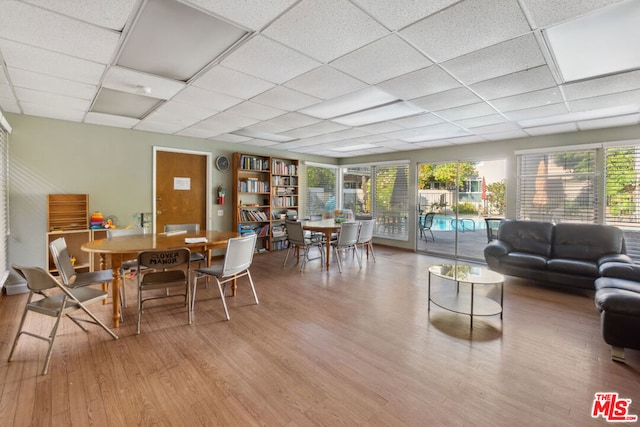 living room with a paneled ceiling, light hardwood / wood-style floors, and a wealth of natural light