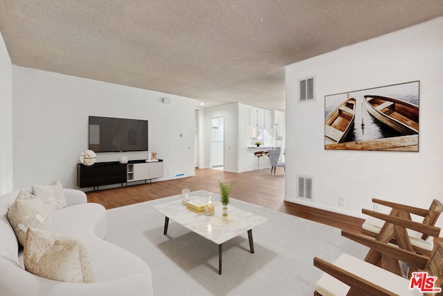 living room featuring hardwood / wood-style floors and a textured ceiling