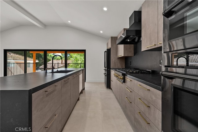 kitchen featuring lofted ceiling with beams, black appliances, a kitchen island, sink, and wall chimney range hood