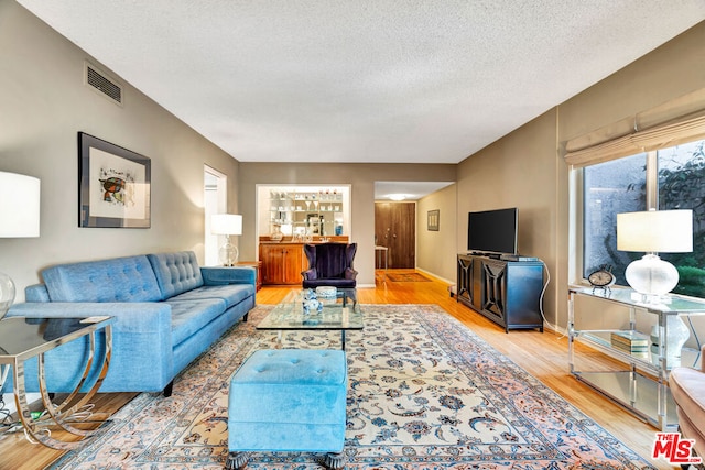 living room featuring hardwood / wood-style floors and a textured ceiling