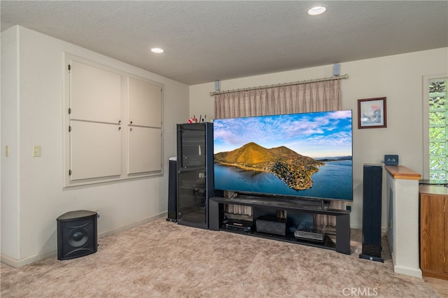 carpeted home theater room with a textured ceiling