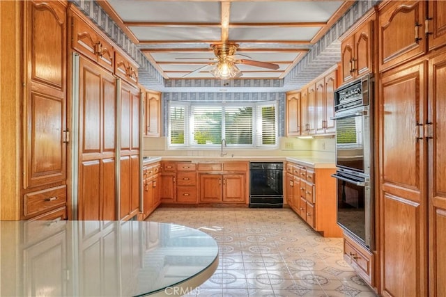 kitchen with ceiling fan and black appliances