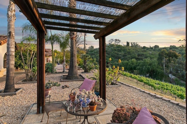 patio terrace at dusk with a pergola