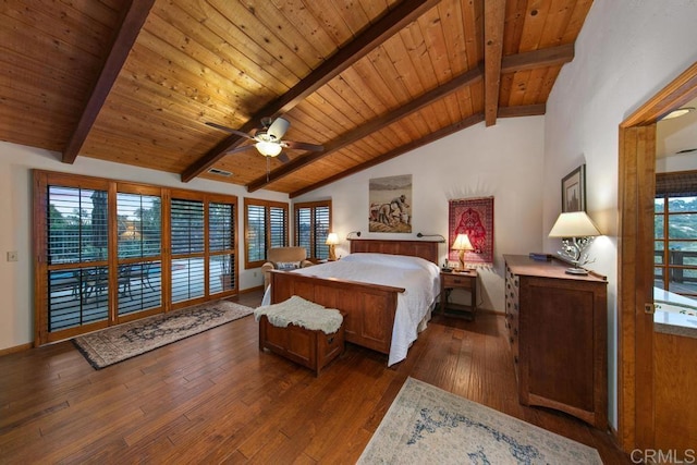 bedroom with lofted ceiling with beams, multiple windows, wood ceiling, and dark hardwood / wood-style floors