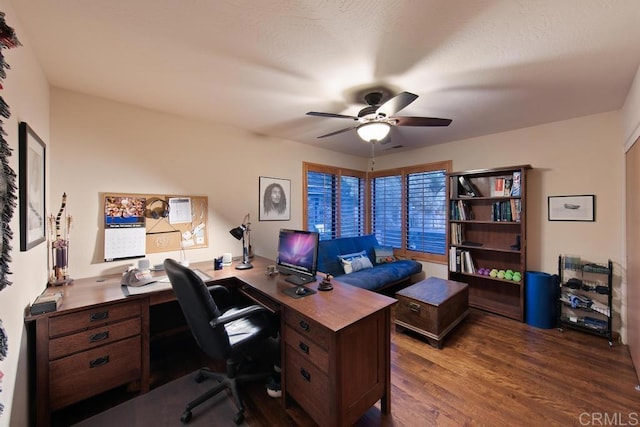 home office featuring dark hardwood / wood-style floors and ceiling fan