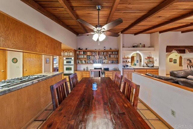 12622 Sierra Rojo, Valley Center, CA 92082 - dining room with wooden ceiling with exposed beams, a ceiling fan, and wood finished floors