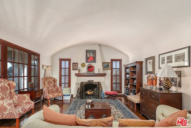 living room featuring wood-type flooring and lofted ceiling