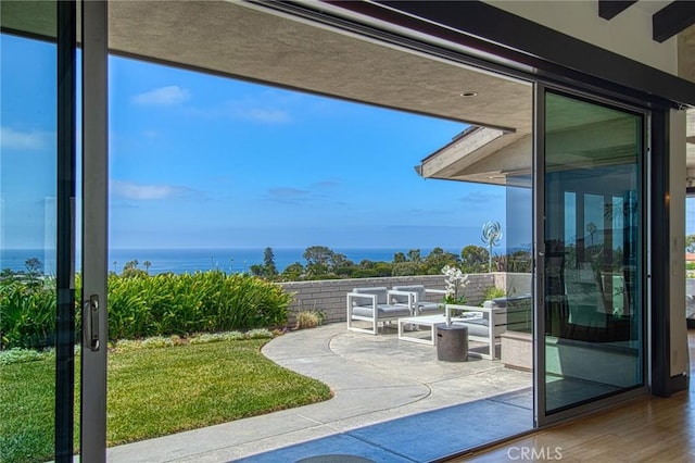 doorway to outside featuring hardwood / wood-style flooring and a water view