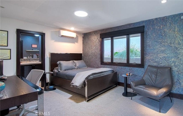 carpeted bedroom with a wall mounted AC