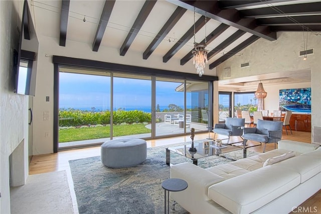 living room featuring high vaulted ceiling, ceiling fan, hardwood / wood-style floors, and beamed ceiling