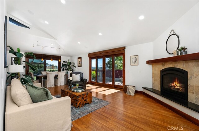 living room featuring a fireplace, hardwood / wood-style floors, vaulted ceiling, and plenty of natural light