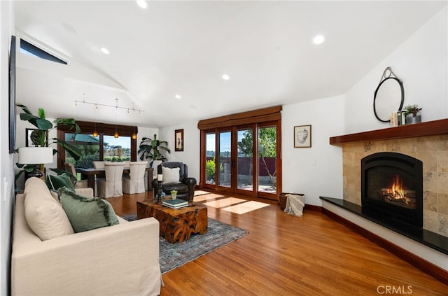 living area featuring a healthy amount of sunlight, a fireplace, vaulted ceiling, and wood finished floors