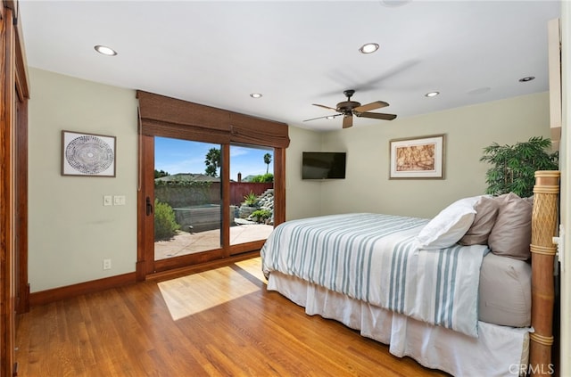 bedroom with baseboards, a ceiling fan, wood finished floors, access to exterior, and recessed lighting