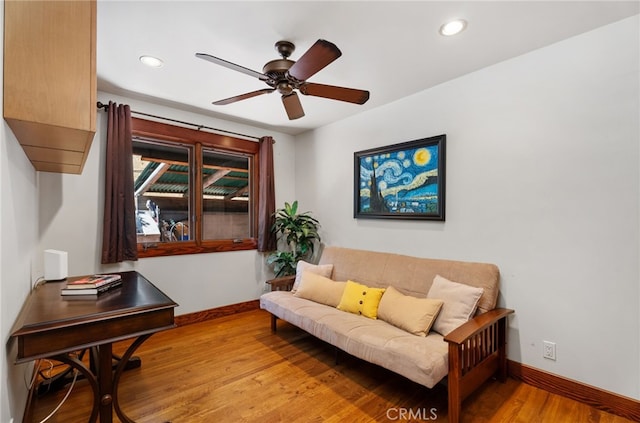 sitting room featuring recessed lighting, ceiling fan, baseboards, and wood finished floors