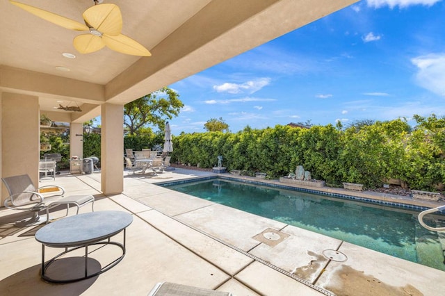 view of pool featuring a patio and ceiling fan