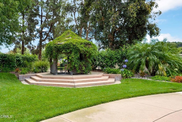 view of property's community featuring a yard and a patio area