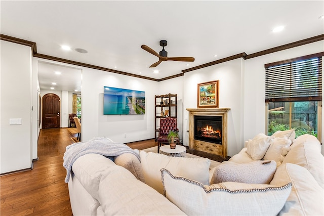 living room with ceiling fan, ornamental molding, and hardwood / wood-style floors