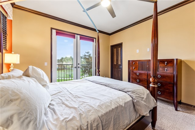 bedroom featuring ceiling fan, light carpet, access to outside, and ornamental molding