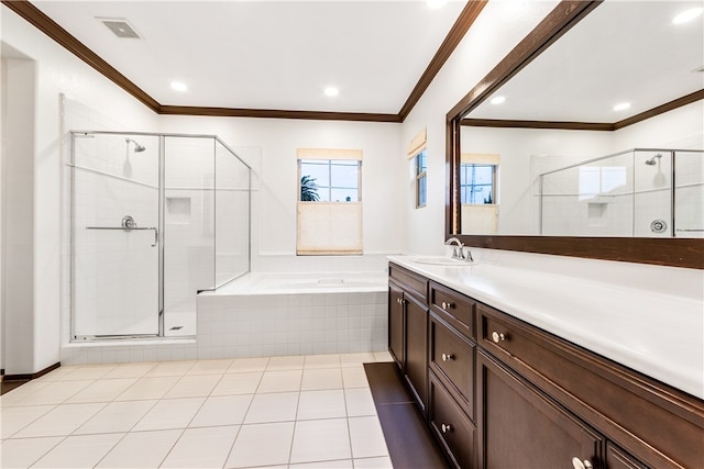 bathroom with vanity, separate shower and tub, ornamental molding, and tile patterned flooring