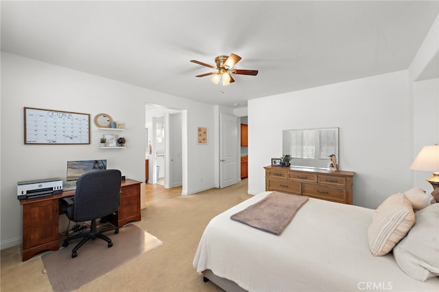 bedroom with ceiling fan and light colored carpet