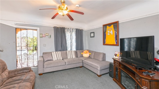 living room featuring ceiling fan and carpet floors