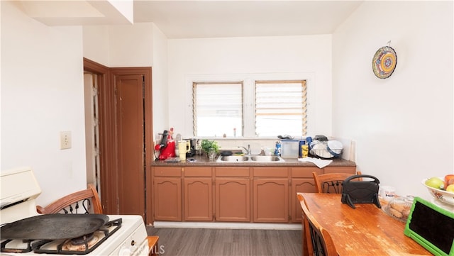 kitchen with range, dark wood-type flooring, and sink