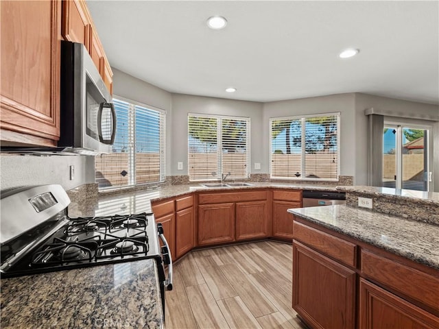 kitchen featuring light wood-style flooring, appliances with stainless steel finishes, a healthy amount of sunlight, stone counters, and a sink