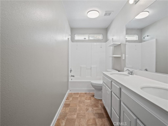 bathroom with toilet, shower / bathing tub combination, a sink, and visible vents