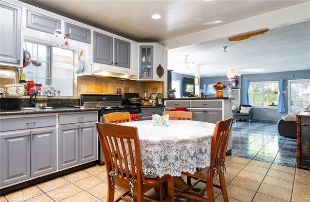 kitchen featuring decorative backsplash, black gas range, and gray cabinetry